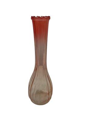 Peach Ombre Glass Bud Vase With Scalloped Rim & Fluted Design Vintage